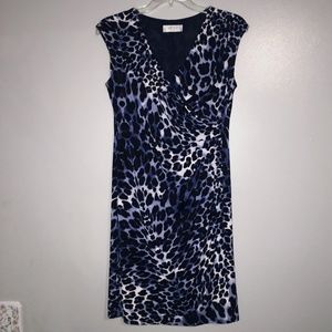 Blue snow leopard KASPER v-neck stubble wrap design black white office dress